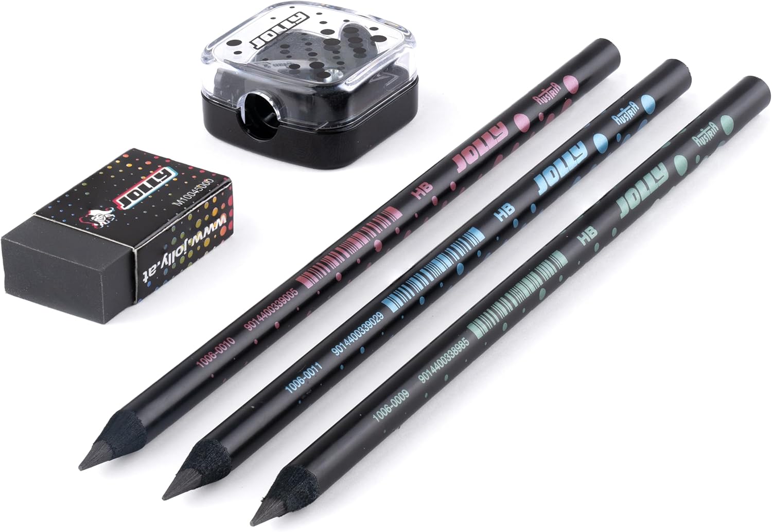 JOLLY Next Generation Graphite Set of 3 Graphite Pencils HB Black Wood Round Pen Shape with Subtle Design Including Black Eraser and Sharpener