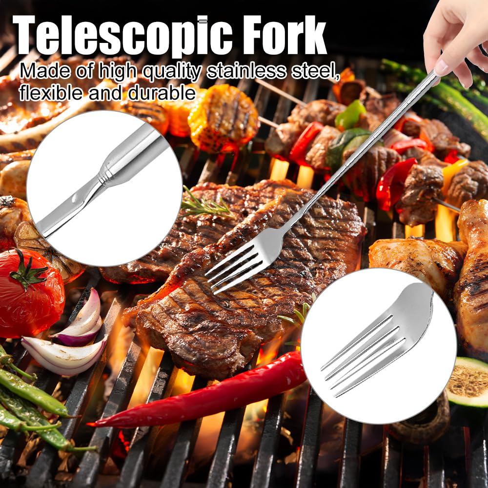 2 piezas 65 cm tenedor telescópico mango extralargo acero inoxidable retráctil cena postre fruta barbacoa accesorios 22.1-65.6 pulgadas