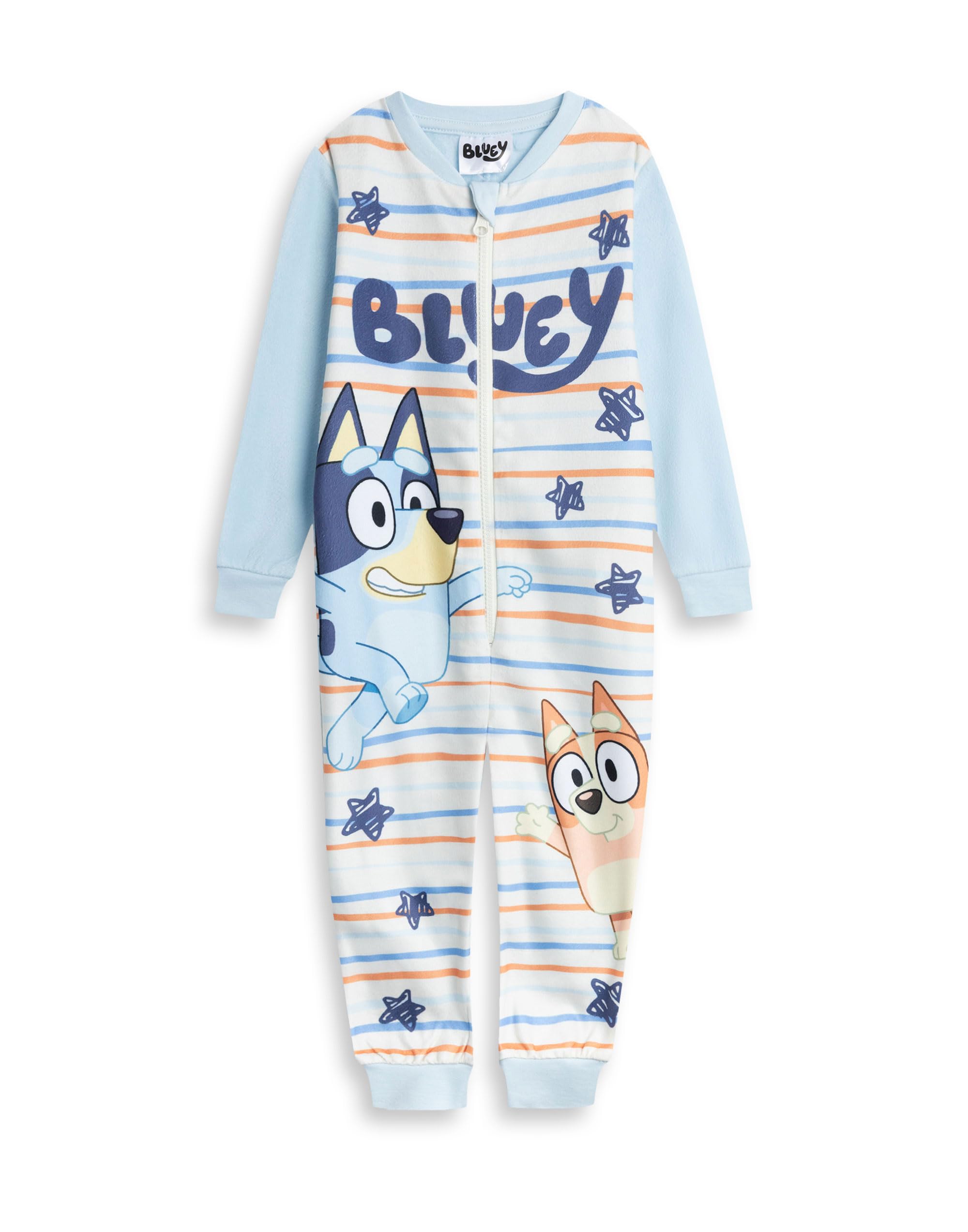 Bluey Boys Blue Striped Onesie | Long Sleeve Zip-Up Sleepwear Bingo Characters | Microfleece Loungewear for Bedtime & Relaxing | Kids Cartoon Pyjamas Merch - 6-7 Years