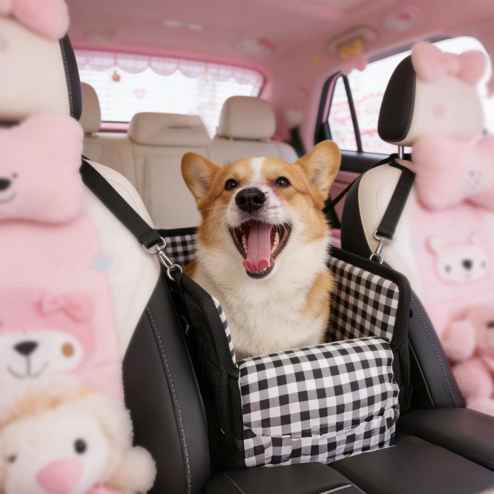 Siège auto pour petits chiens et chats, sûr sur le siège arrière, siège passager et console centrale, avec double fixation, pliable et portable, avec couvercle, lavable et installation facile, noir