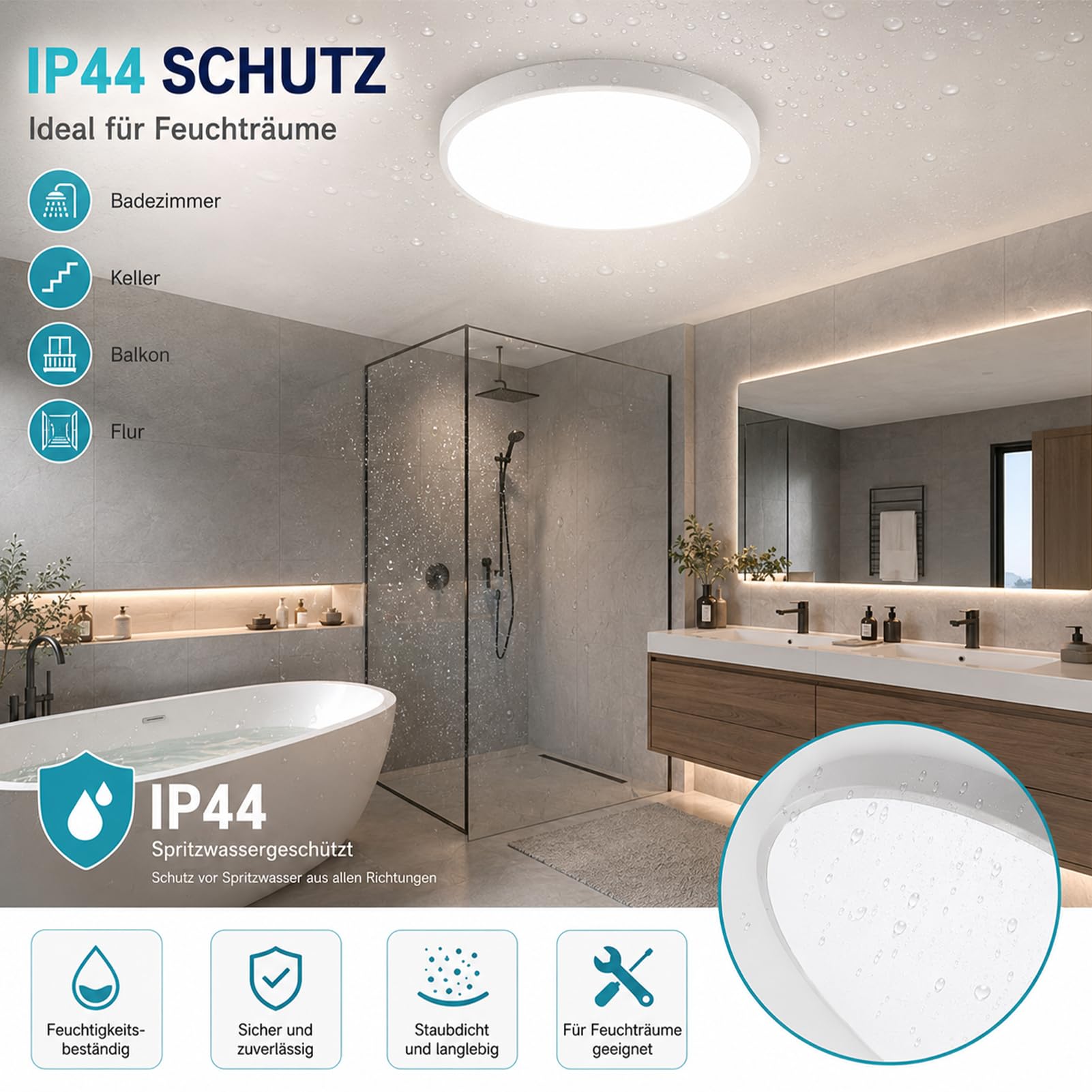 4er Set LED Deckenleuchte mit Bewegungsmelder, 5.8G Radar Sensor Deckenlampe, IP44 Wasserdicht, Fernbedienung, 30%-100% Dimmbar, Dauerlichtmodus, Badleuchte Flurlampe für Bad Flur Keller Balkon 10-20㎡