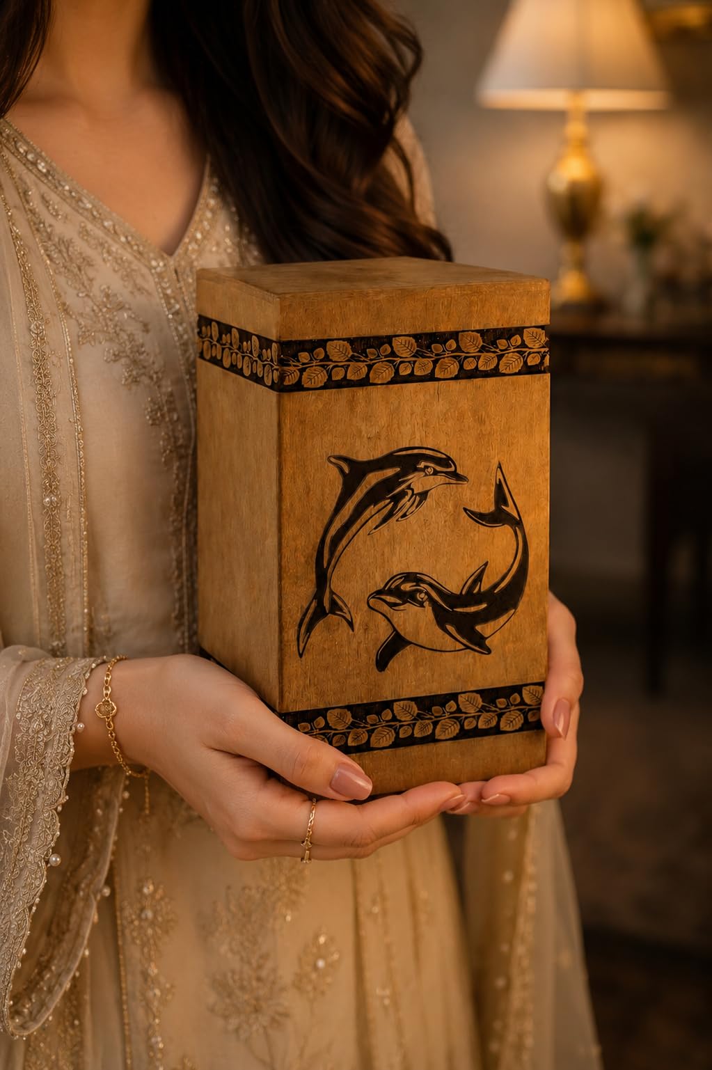 Urne funéraire bois artisanale avec incrustation dauphin pour adulte