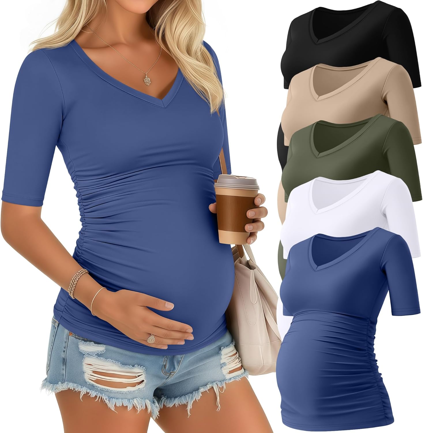 Riyiper 5 Pack Women's Maternity Shirts V Neck Half Sleeve Maternity Tops Side Ruched Casual Tee Pregnancy Clothes