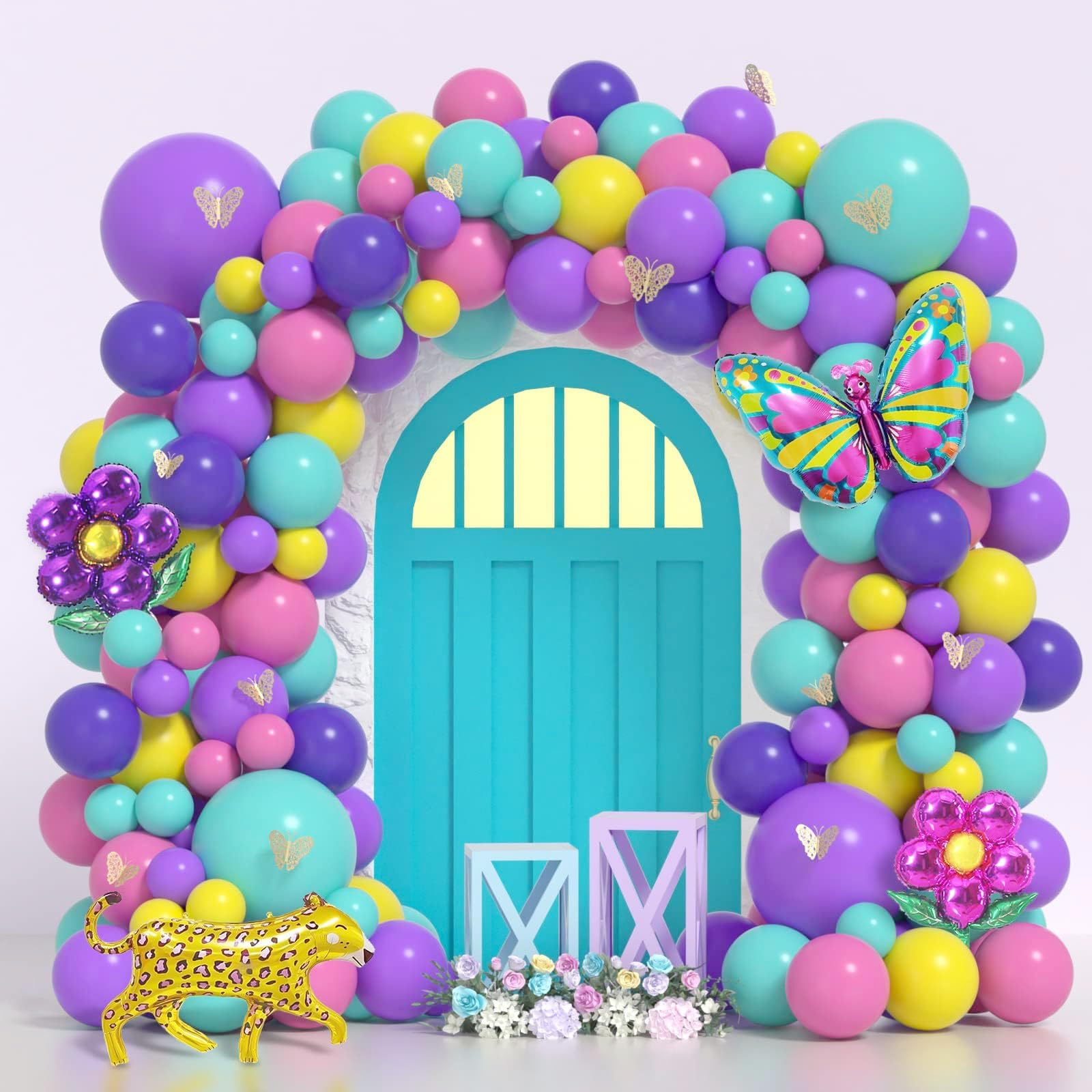 Janinus Balloon Garland Arch Kit 141PCS Purple Blue Yellow Balloons Arch with Gold 3D Butterfl Stickers Foil Balloon Magiced House Balloons Kit For Entertainment Program Birthday Party Supplies