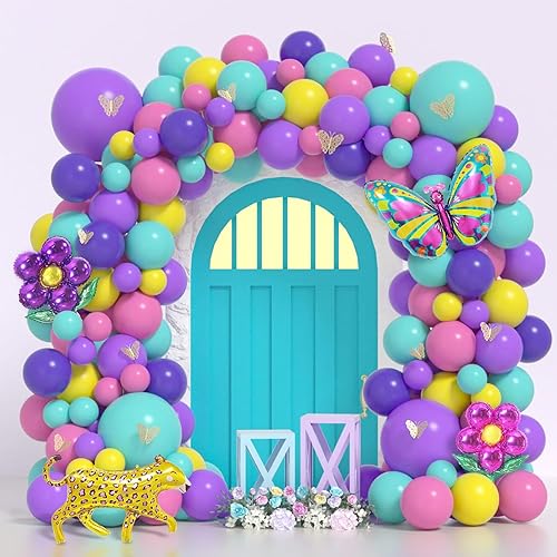 Janinus Kit de arco de guirnalda de globos, 141 unidades, arco de globos morados, azules, amarillos, con calcomanías de mariposa 3D doradas, globo