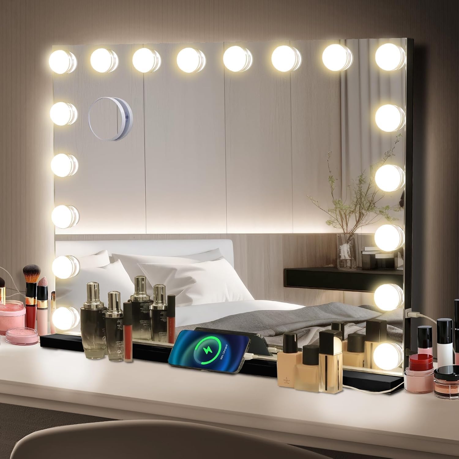 eklipt Schminkspiegel mit Beleuchtung 80x60cm Hollywood Spiegel mit Beleuchtung Kosmetikspiegel 18 LED Licht 3 Lichtfarben mit USB 10X Vergrößerung