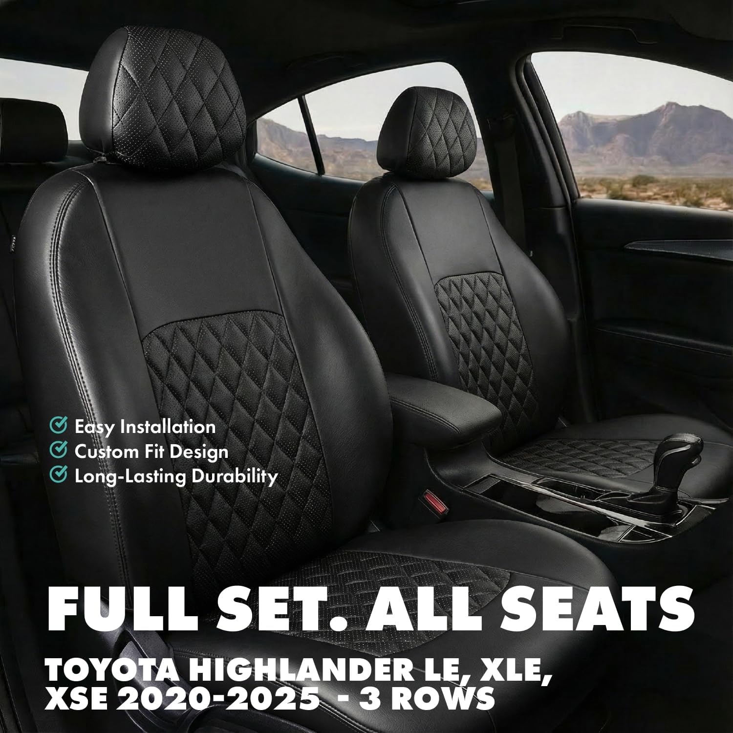 Highlander Seat Covers Custom Fit for Toyota Highlander LE, XLE, XSE 2020 2021 2022 2023 2024 2025 Premium PU Leather - 3 Rows Full Set WaterProof Car Seat Protector Turin Diamond Black.