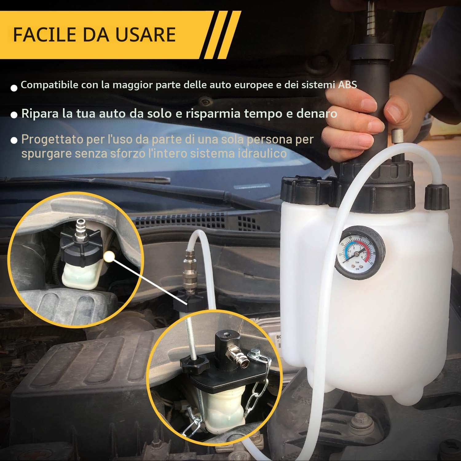 Spurgo dei Freni 3L Dispositivo di Spurgo Liquido per Freni，Sistema di spurgo per Freno e Frizione con E20 Adattatore & Adattatore Universale | Estrattore di Liquido Freni