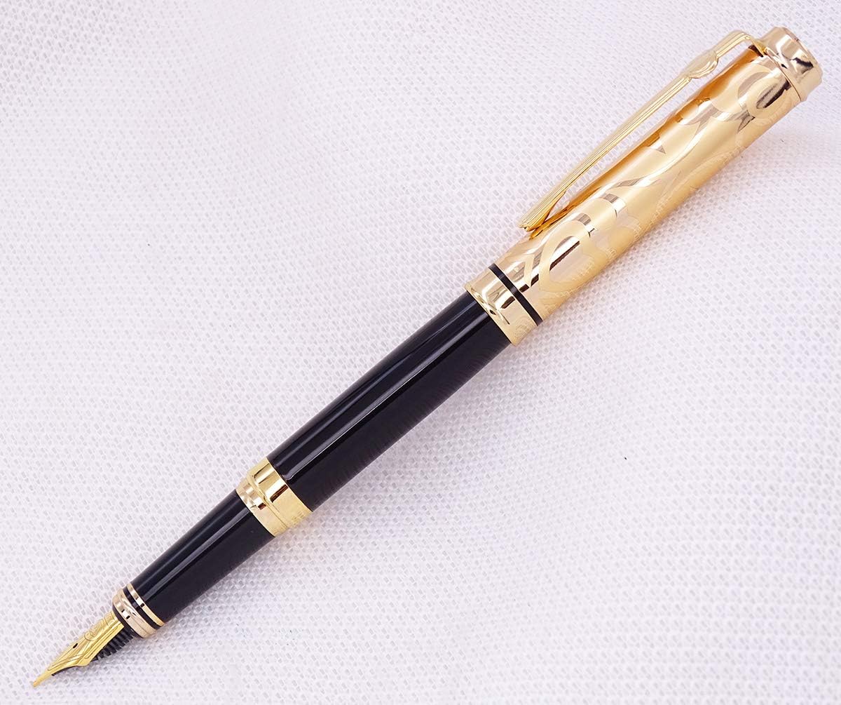 erofa Duke Sapphire Fountain Pen Gold Cap with Original Gift Box Writing Set, Iridium Medium Nib Unique Electroplated Engraving Cap for Office Gentlemen Ladies