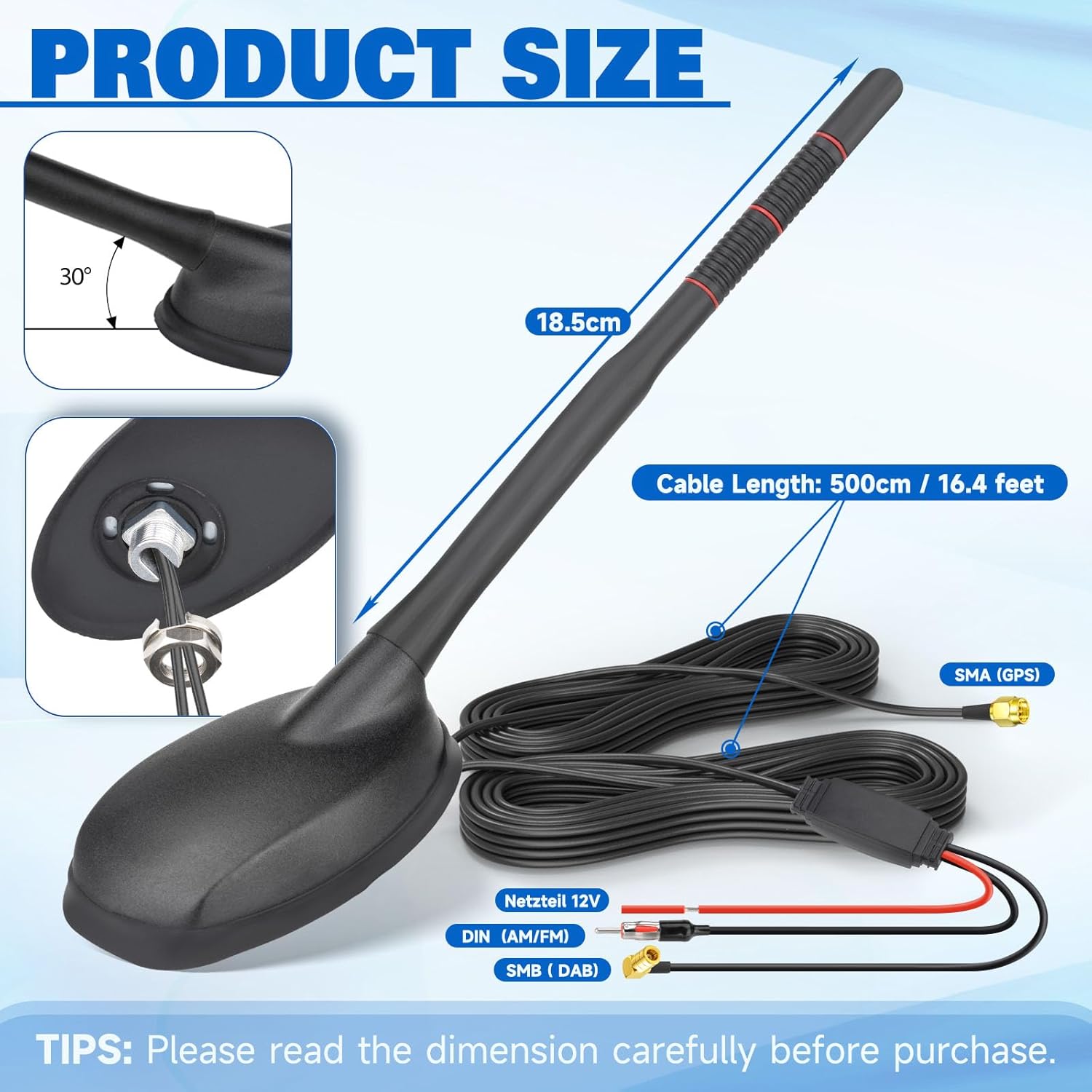 Dimensions and cable lengths of the Eightwood DAB+ GPS AM/FM Car Antenna.