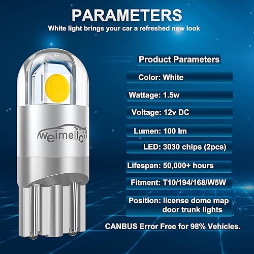 Miniatura 9 de 194 Bombilla LED para automóvil, 1.5 W, blanco, iluminación de 360 grados, 100 Lmbombilla, 12 V CC, chipset 3030, reemplazo directo para tipo cuña