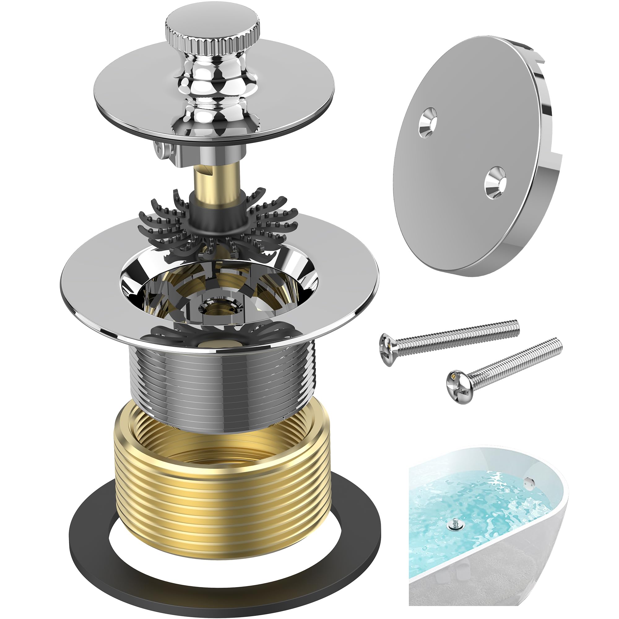 Chrome Plated Bathtub Drain, Hair Catcher and 2-Hole Overflow Faceplate, 11.5/16 UNC, Lift and Turn Bathtub Drain Replacement, Tub Drain Stopper
