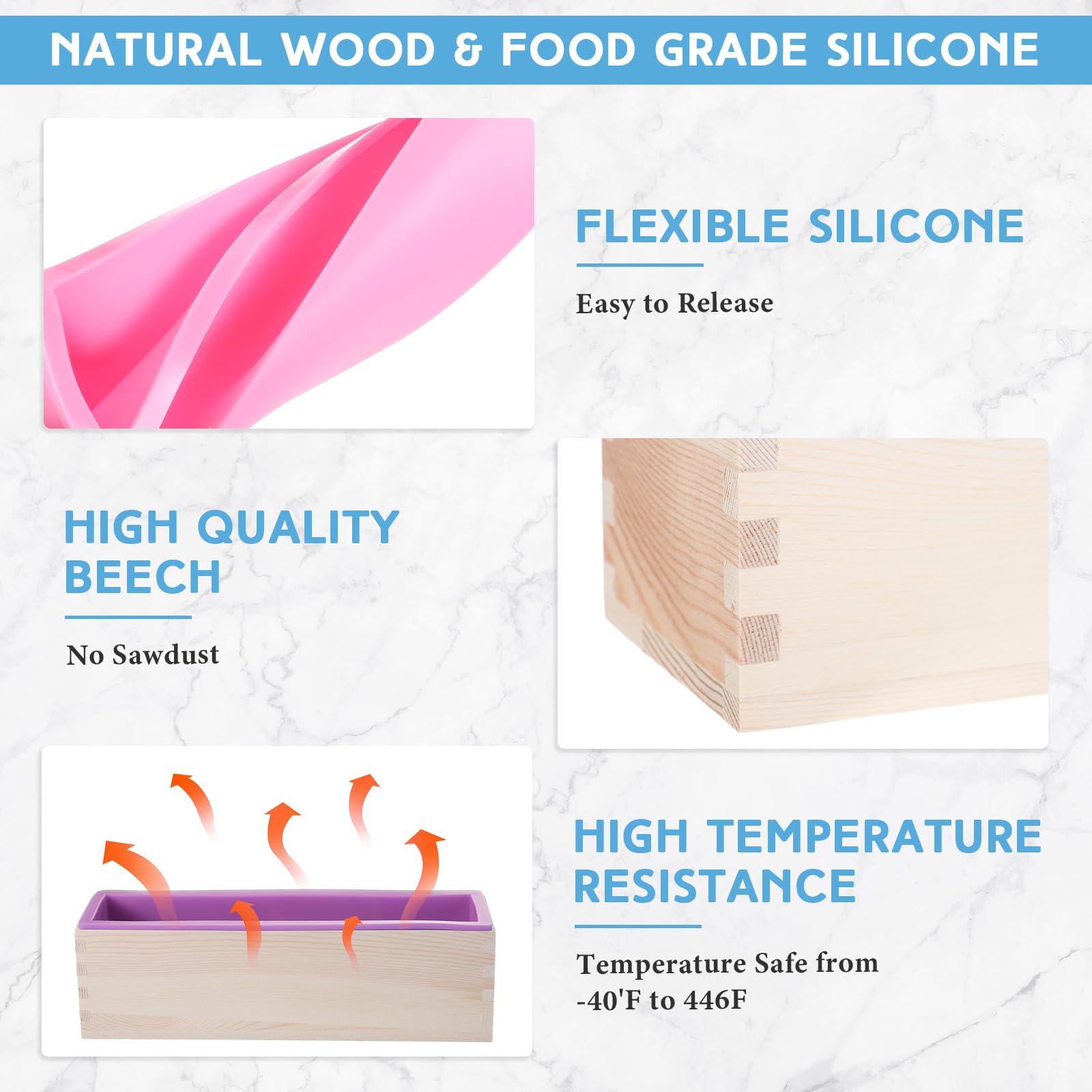 Ziliny 3 moldes de jabón de 42 onzas, moldes rectangulares de silicona para hacer jabón con 3 cajas de madera, moldes flexibles para hacer jabón artesanal, herramientas caseras (morado, rosa, azul)