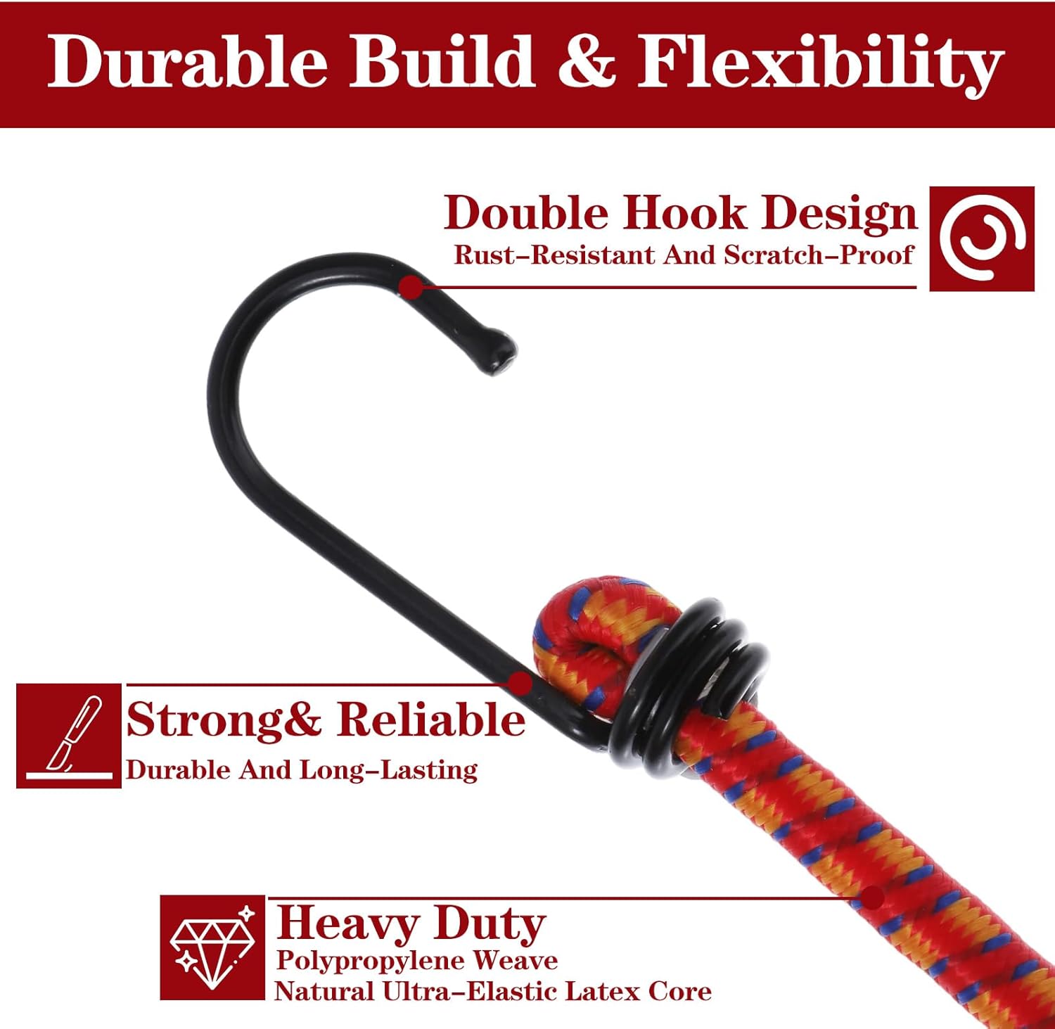12" Bungee Cords with Hooks - Heavy Duty Elastic Straps for Outdoor and Indoor Use, 6-Pack Red Small Short Bungee Cord Bundle for Camping, Garage Storage, and More