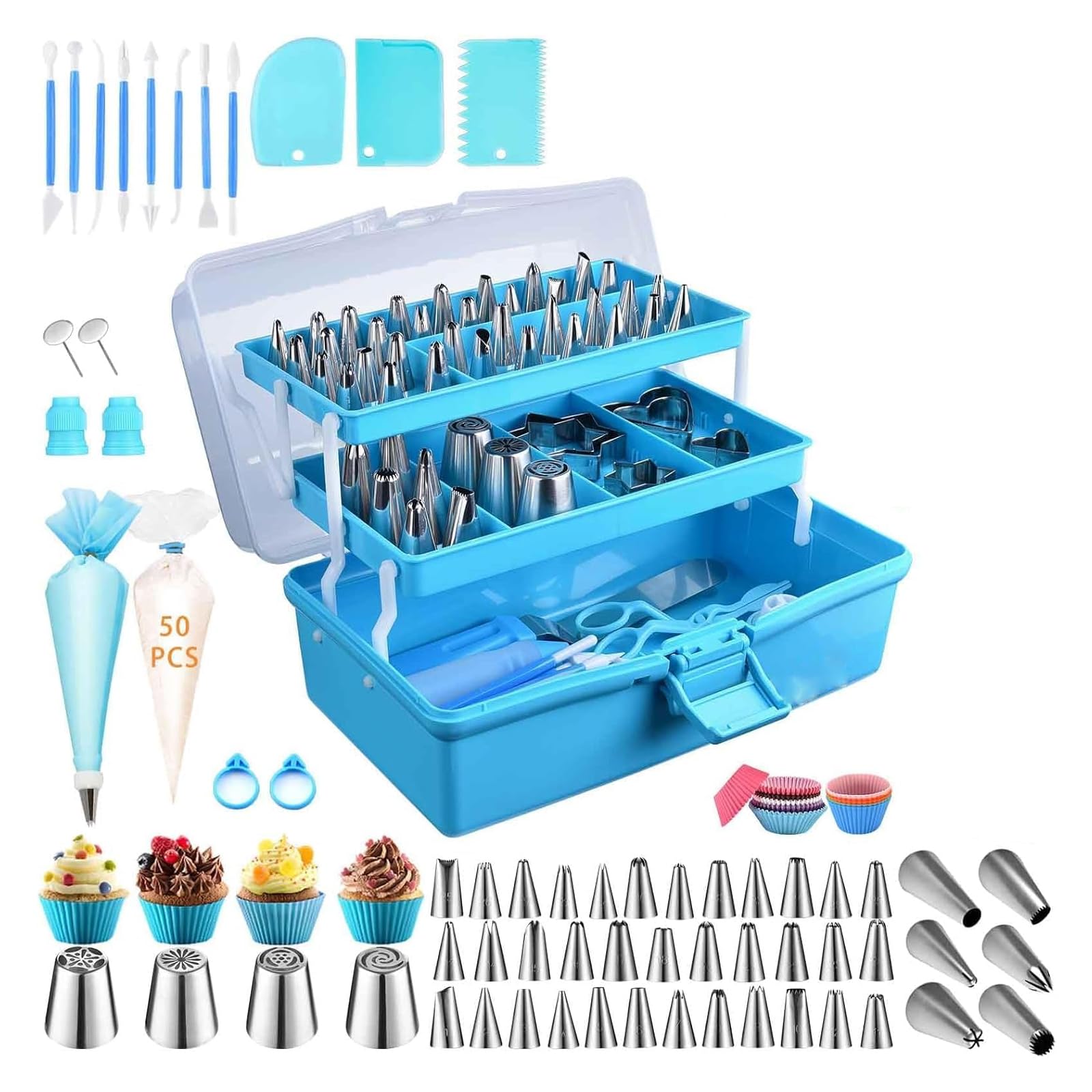 236-teiliges Tortendekorations-Set Mit Aufbewahrungskoffer – Professionelle Spritzbeutel, Tüllen Und Fondant-zubehör Für Anfänger Und Profis – Ideal Für Cupcakes Und Kekse, Blau