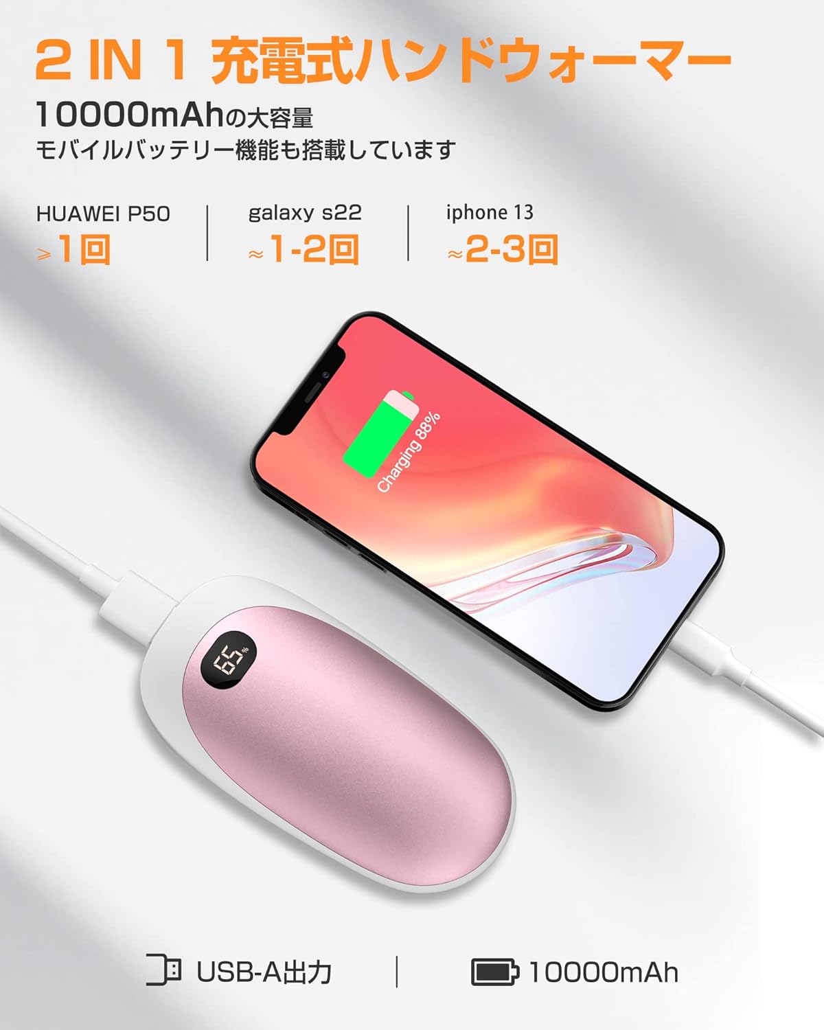 Alwgreen 充電式カイロ エコカイロ ハンドウォーマー 電気カイロ usb モバイルバッテリー 50~55~60℃温度調節 10000mAh容量 LEDデジタル表示 2面急速発熱 電気あんか かいろ PSE認証済 携帯充電器 繰り返し使える アウトドア 防寒グッズ 通勤通学 釣り 男女兼用 ピンク