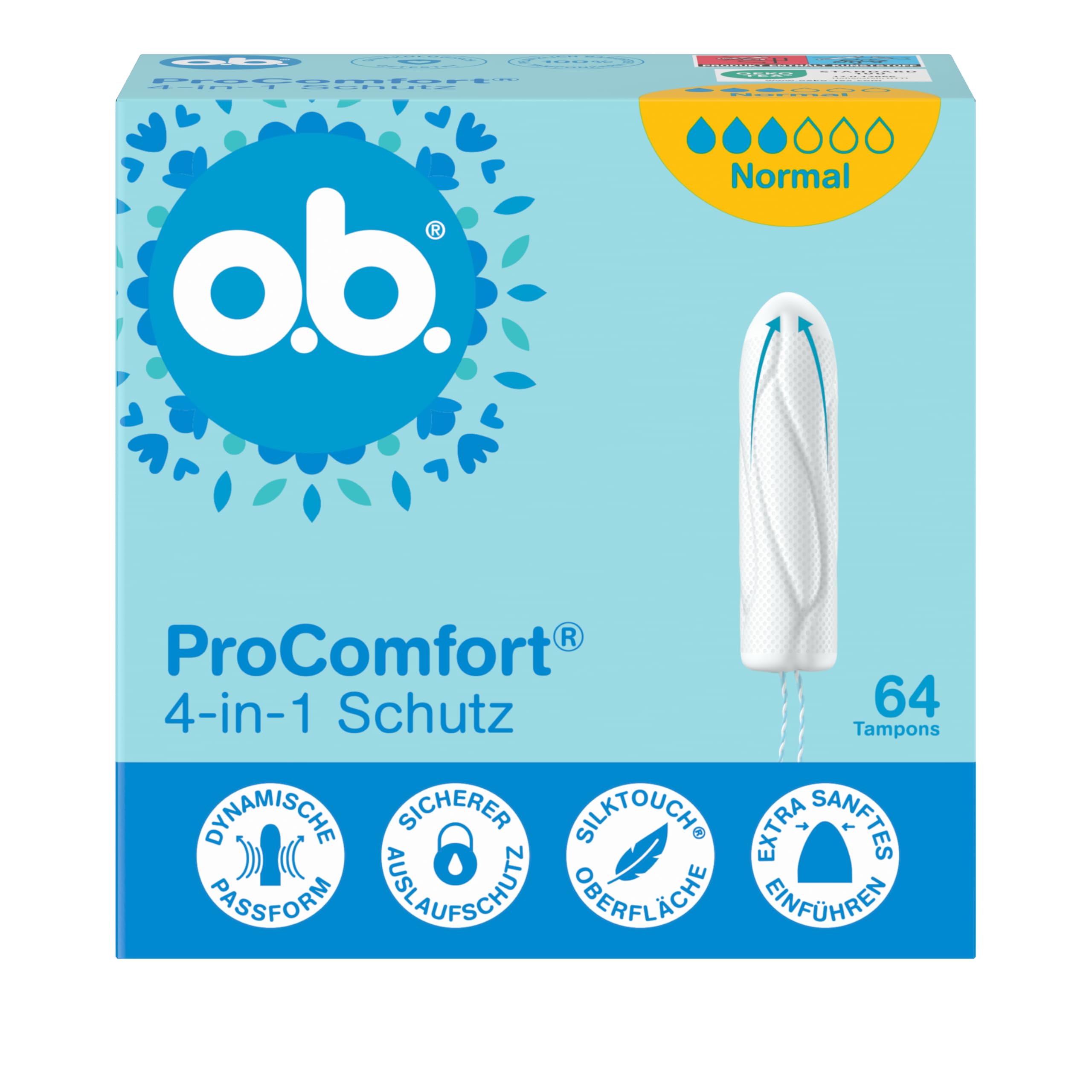 o.b. ProComfort normalne tampony 4 w 1 (1 x 64 szt.) z bardzo delikatną końcówką do łatwego wkładania i do 100% ochrony przed wyciekiem, idealne do uprawiania sportu i na co dzień