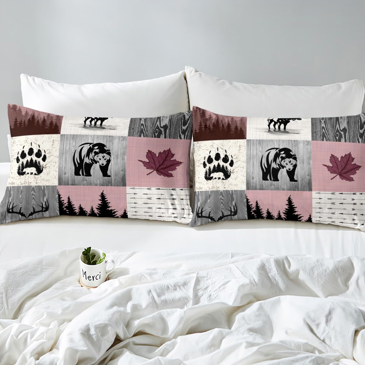 Adventure Duvet Cover Set Double Size, Bear Deer Pink Grid Patchwork Comforter Cover with 2 Pillowcases - Image 4