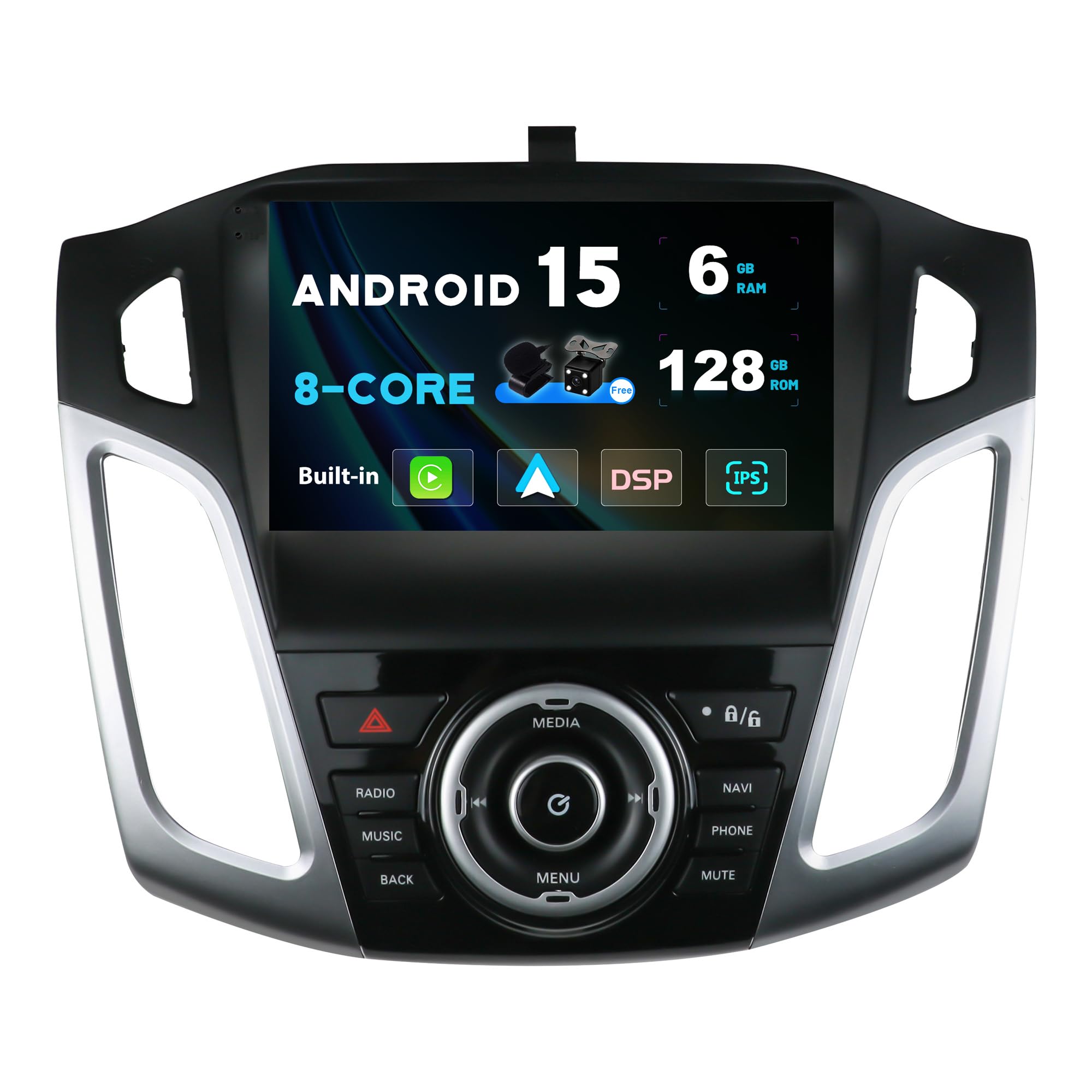 SXAUTO Android 15-6G+128G - Autoradio für Ford Focus (2012-2017) GPS Navigation Radio - Wireless CarPlay Android Auto - LED Kamera + MIC -DAB Lenkradsteuerung 360-Cam DSP WiFi AHD 2 Din IPS 9 Zoll