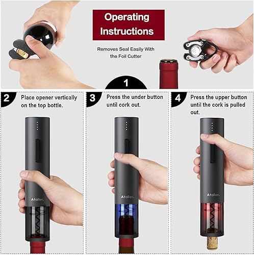 Miniatura 4 de Ataller Juego de abridores eléctricos de botellas de vino 4 en 1, sacacorchos automáticos recargables por USB con 1 vertedor de vino y 1 cortador de