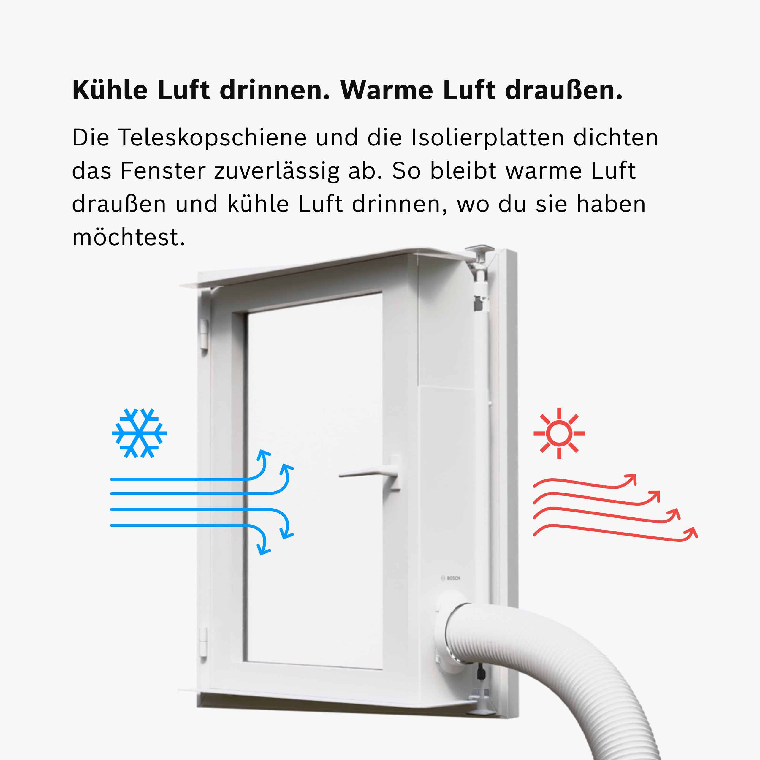 Bosch Fenster-Kit für Mobile Klimageräte - Für Dreh-Kipp-Fenster, Größenverstellbar 90-137 cm, Werkzeuglose Montage, Adapter für 15 cm Abluftschlauch, Inklusive Zubehör und Aufbewahrungstasche