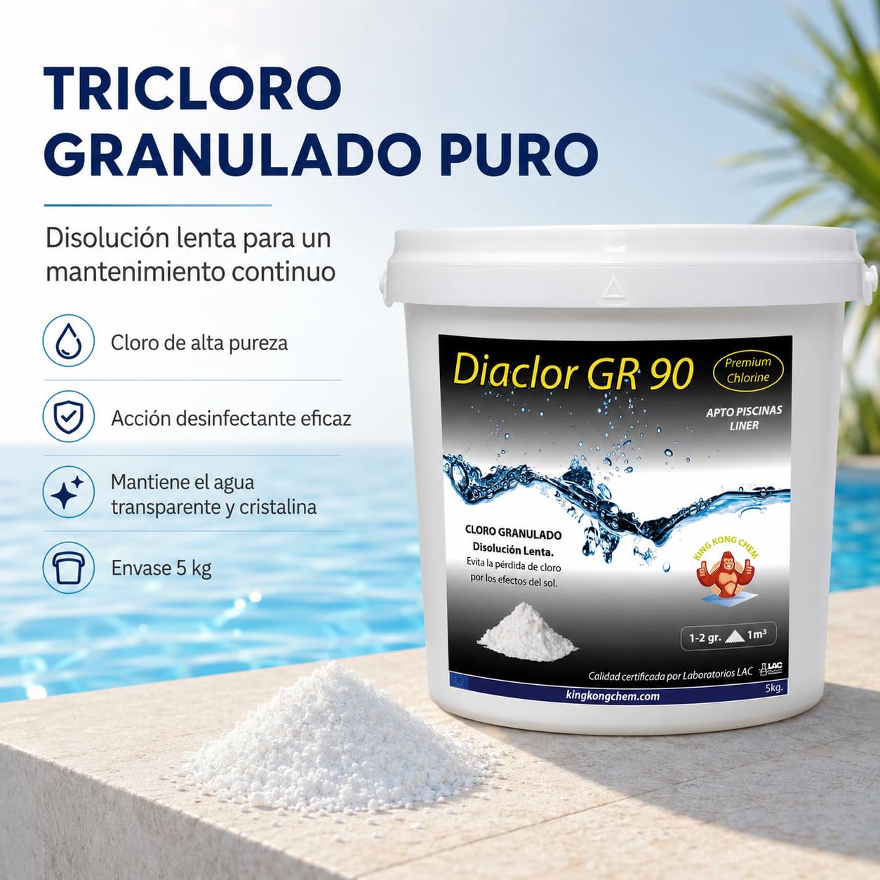 Tricloro Puro - Cloro Granulado Piscinas DIACLOR GR 90 5 KG - Disolución Lenta
