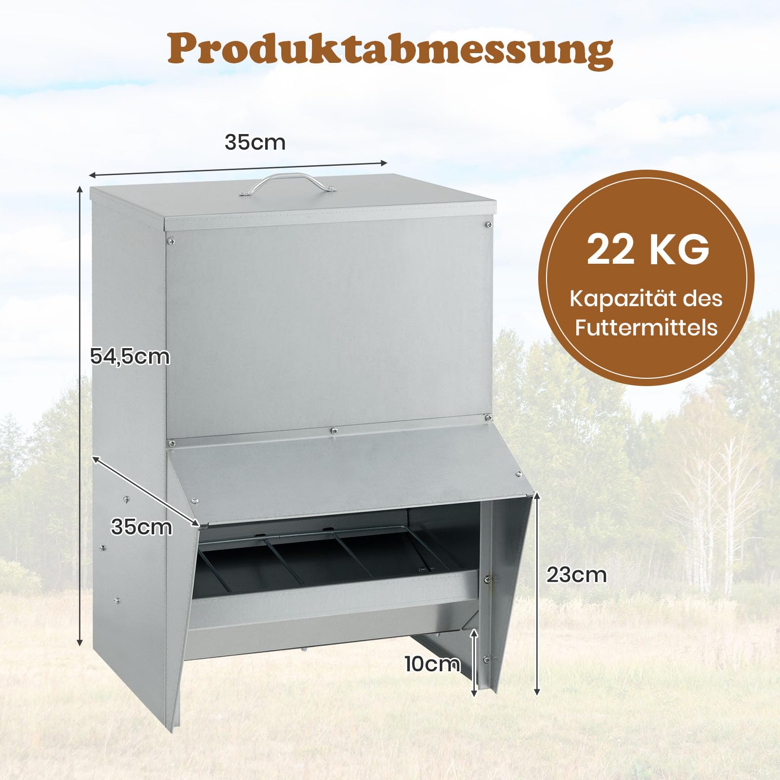 GYMAX Comedero para Pollos Galvanizado, Alimentador de Aves de Corral con Capacidad de 22 KG, Tapa, Marquesina, Dispensador de Alimentos, Comedero Semicerrado Montado en Pared para Pollos, Patos