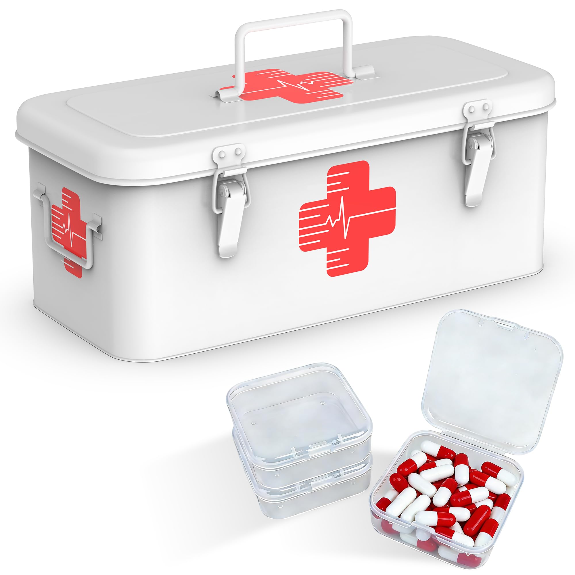 Orionstar Cassetta per medicinali di primo soccorso, armadietto di primo soccorso con maniglia superiore, scatola in metallo per medicine con 3 scatole portatili per medicine, scatola vuota di primo