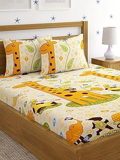 Home Sizzler 144 TC Microfibre Kid's Giraffe Double Bedsheet with 2 King Size Pillow Covers (Yellow)