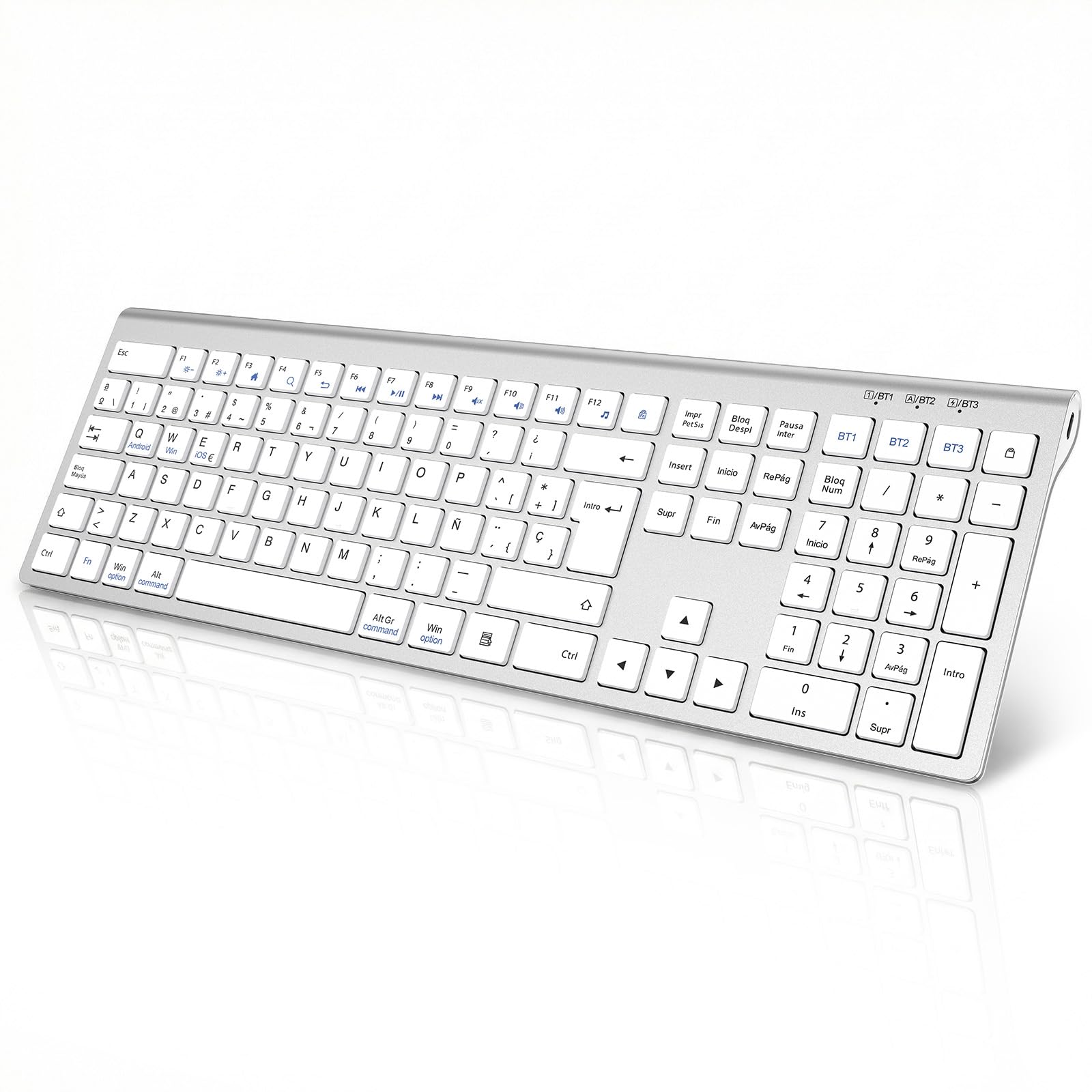 cimetech Teclado Bluetooth Recargable, QWERTY Español Layout, Teclado Inalámbrico EasyTyping Teclado de diseño ergonómico, Ultrafino para Ordenador/PC/portátil/Windows 10(Plata)