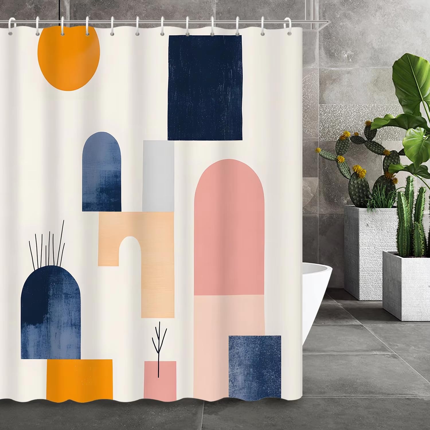 KELAIMI Mid Century Modern Abstract Shower Curtain,Geometric Art Simple Bathroom Curtains,Waterproof Polyester Fabric Bathtub Curtains with Hooks Blue 180X180Cm