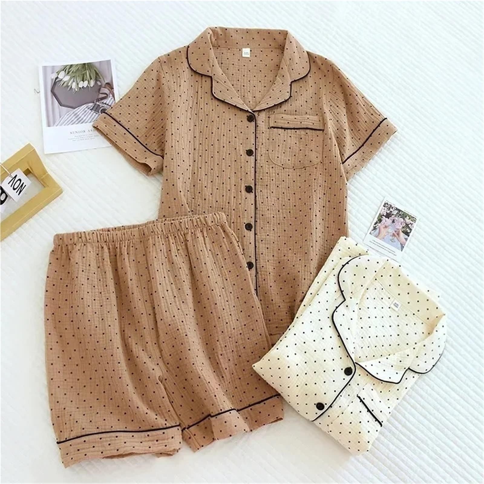 Pijamas de Gasa algodón for Mujer, Ropa Dormir con Dibujo Lunares, Conjunto 2 Piezas for Primavera, for, Verano para Descanso en casa