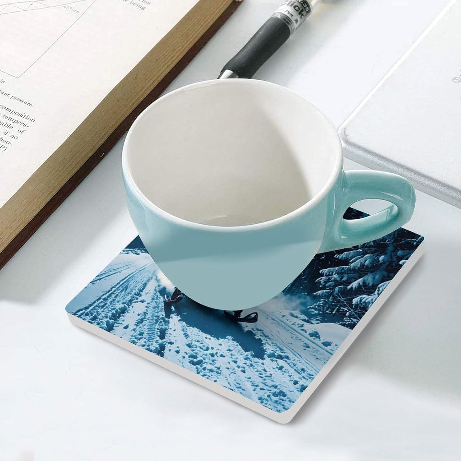 Snowmobile Coasters Absorbent Ceramic Coasters for Drinks Coaster with Cork Backing for Table Protection Square Drink Cup Mat Modern Style Coaster for Coffee Table