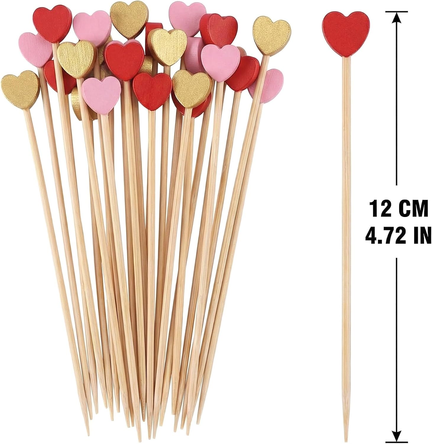 Heart Shaped Cocktail Picks 300 Pcs, 4.7 Inch Natural Bamboo Toothpicks for Appetizers, Love Heart Fancy Food Picks for Wedding, Valentines, Bridal Shower, Party, Birthday Decorations (Gold Pink Red)