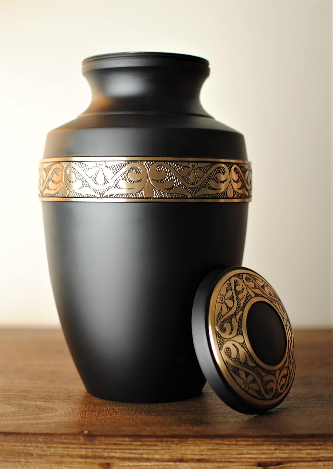Today's A Gift Store Black Brass Cremation Urn for Human Ashes, Handcrafted Adult Funeral Urn, Elegant Black & Gold Burial Urn with Velvet Bag, Decorative Funeral Urn for Home Display (11 Inches)