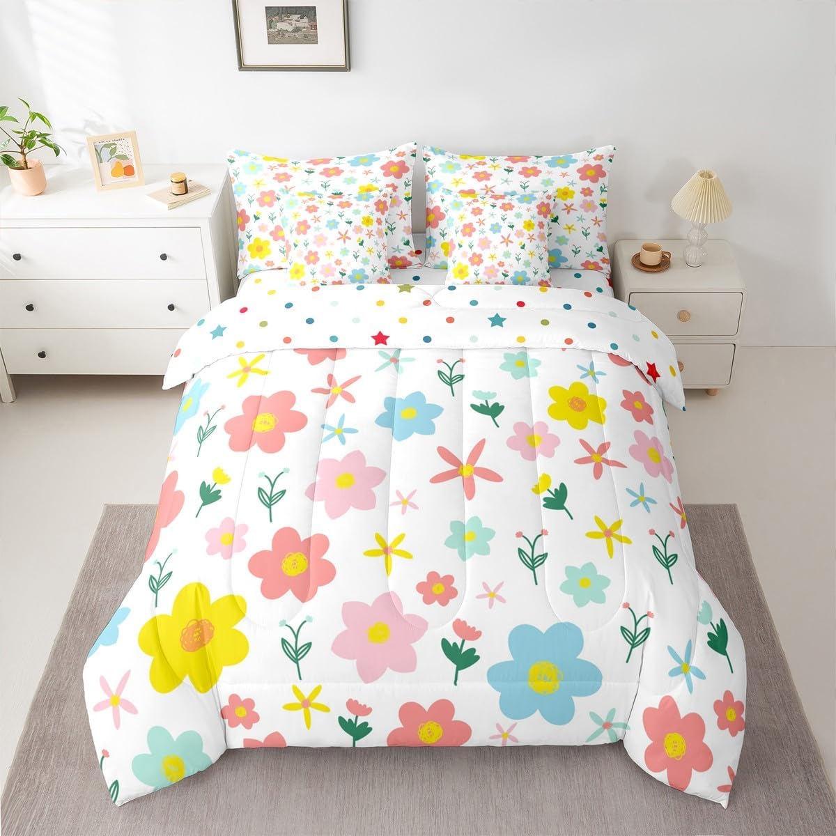 Erosebridal Cute Flower 7 Pcs Bedding Set Queen Size,Kawaii Cartoon Floral Bed in a Bag,Colorful Flower Bed Set Includes Comforter,Sheet Set,Pillowcases & Pillow Covers,Red Yellow Blue Bedroom Decor
