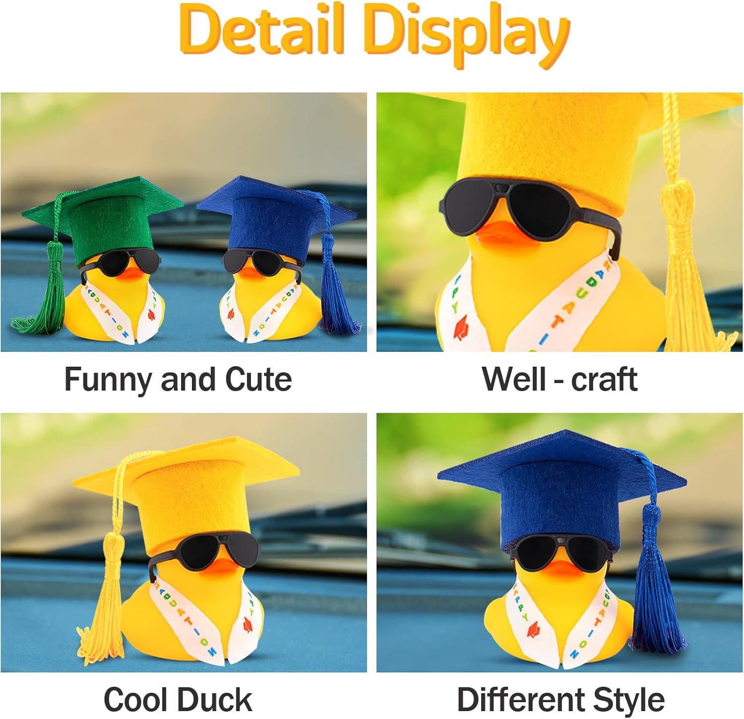 wonuu Mini Graduation Rubber Duck with Graduate Cap, Stole Sash & Sunglasses, Funny Grad Gift Car Dashboard Decor, Dark Blue