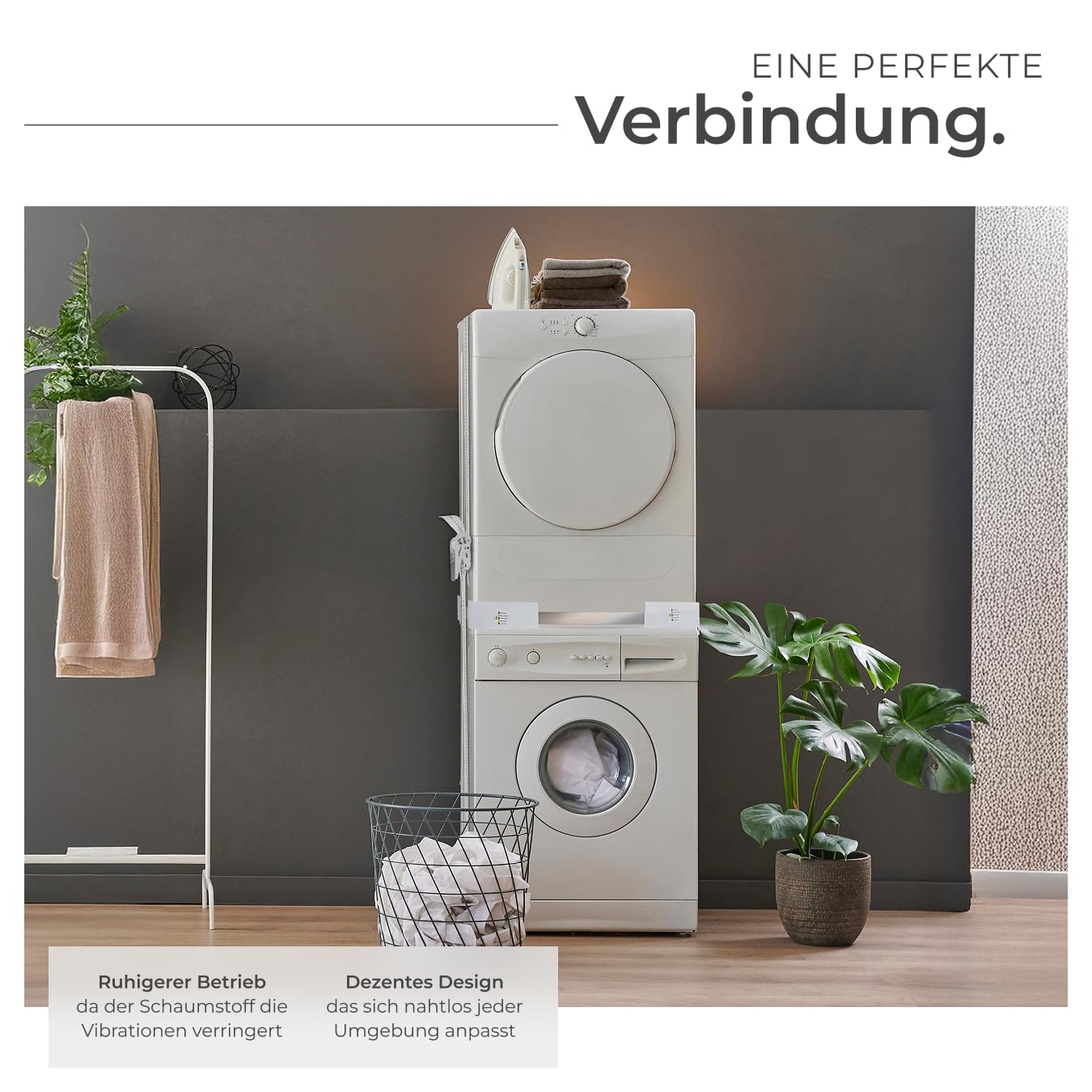 tectake® Verbindungsrahmen für Waschturm aus Waschmaschine und Trockner, 46–66 cm, Universal-Stapelbausatz mit Ratschenseil, Waschmaschine Trockner Verbindung, Zwischenbaurahmen Trockner Waschmaschine