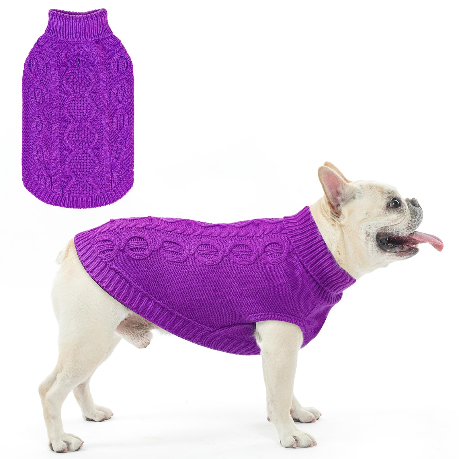 Pull pour chien tricot torsadé violet vêtement hiver col roulé taille SM