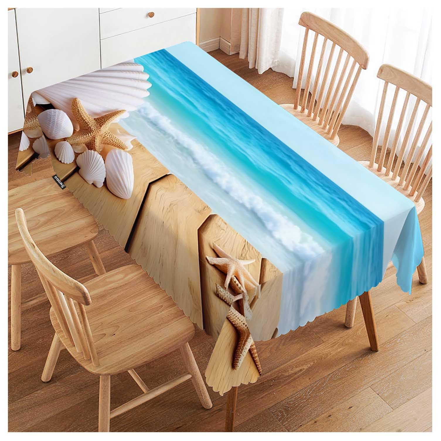 Swono 52x70 Inch Seashells Tablecloth Boardwalk Shells Starfish Sea Ocean Farmhouse Dining Table Cloth Anti-Stain Talking Table Cover for Kitchen