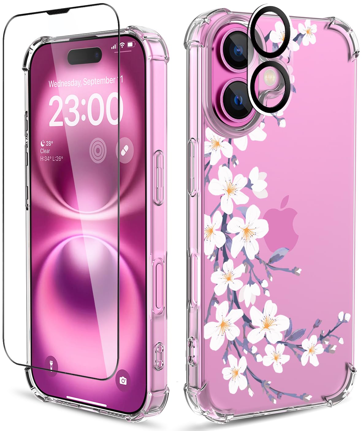 ilnehc for iPhone 16 Case,[3 in 1] with Screen Protector & Camera Lens Protector, Flower Pattern Design,Clear Soft Shockproof Slim Floral Phone Cover