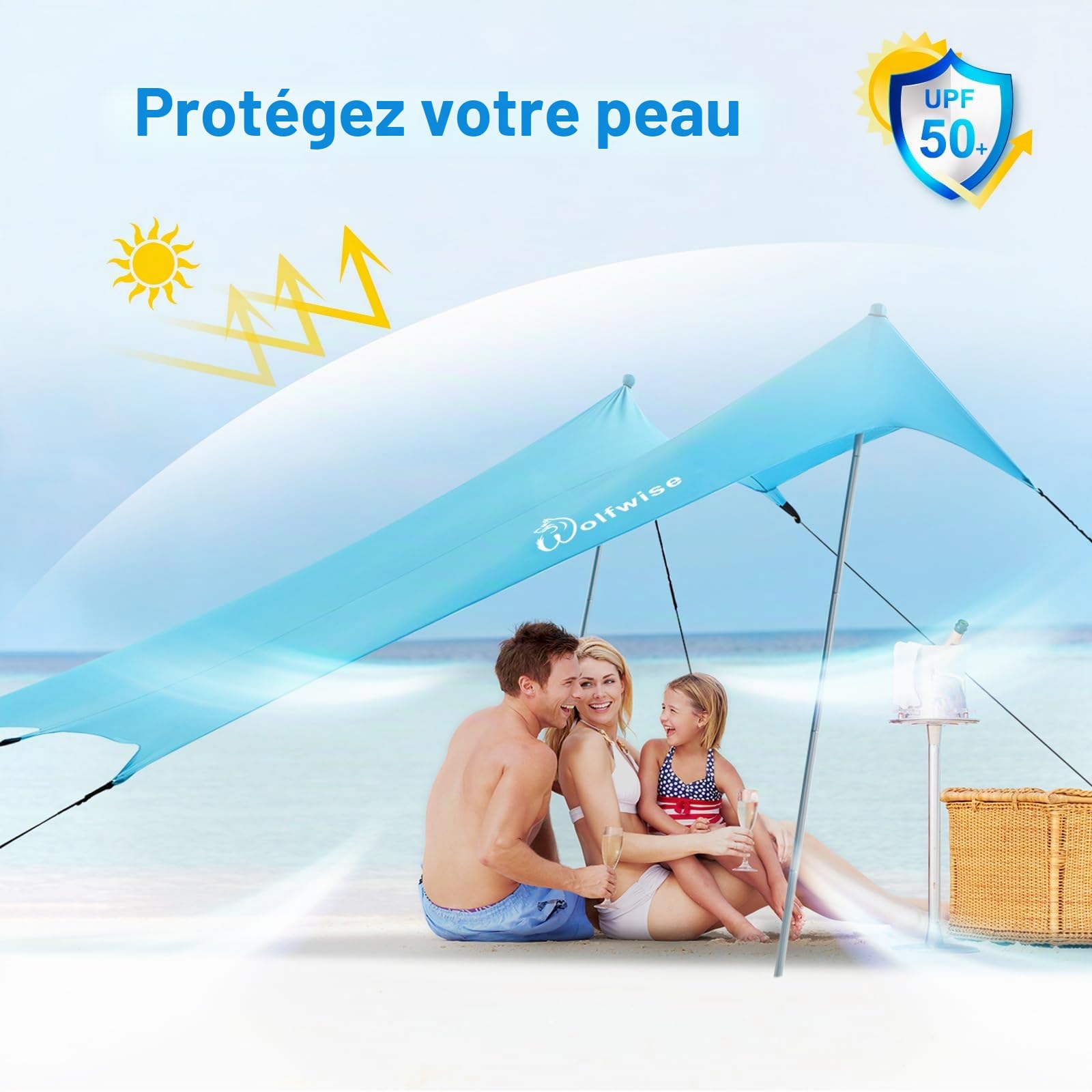 WolfWise Protection Solaire UPF50+ avec Pelle à Sable, Tente de Plage Familiale de 3 x 3 m, pour 4-8 Personnes, Facile à Installer, Imperméable et Résistante au Vent, Bleue, X-Large