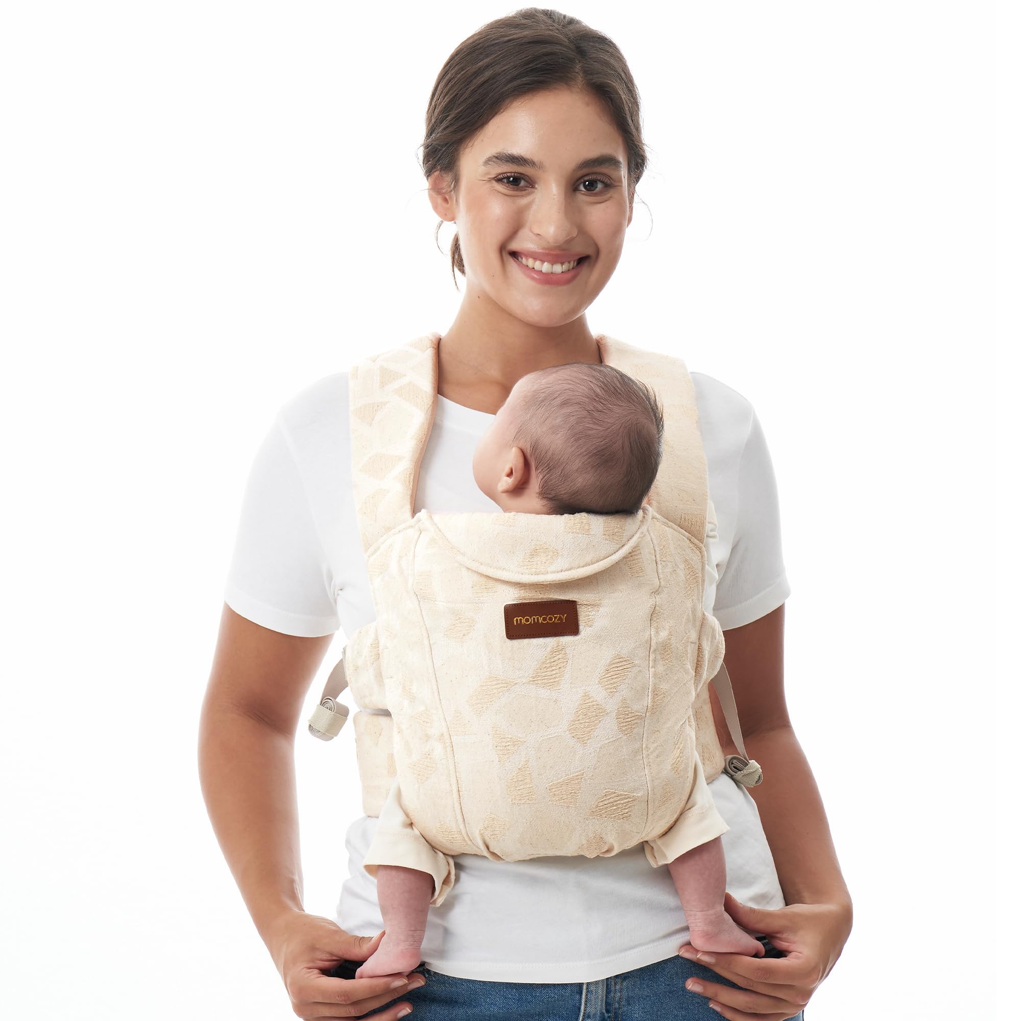 Momcozy Portabebés recién nacidos desde el nacimiento 3 – 11 kg albaricoque | Con soporte para el cuello, posición M ergonómica, soporte lumbar EVA, lavable y transpirable, correa de cintura 64 – 127 cm