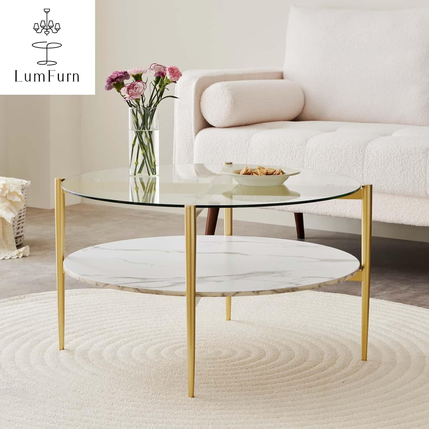 LumFurn Round Coffee Table for Living Room, Mid-Century Modern Design, D30 x H17, 2-Tier Structure, Clear Glass Top and White Marble Finish Wood Shelf, Sleek Conical Metal Legs with Gold Finish Frame