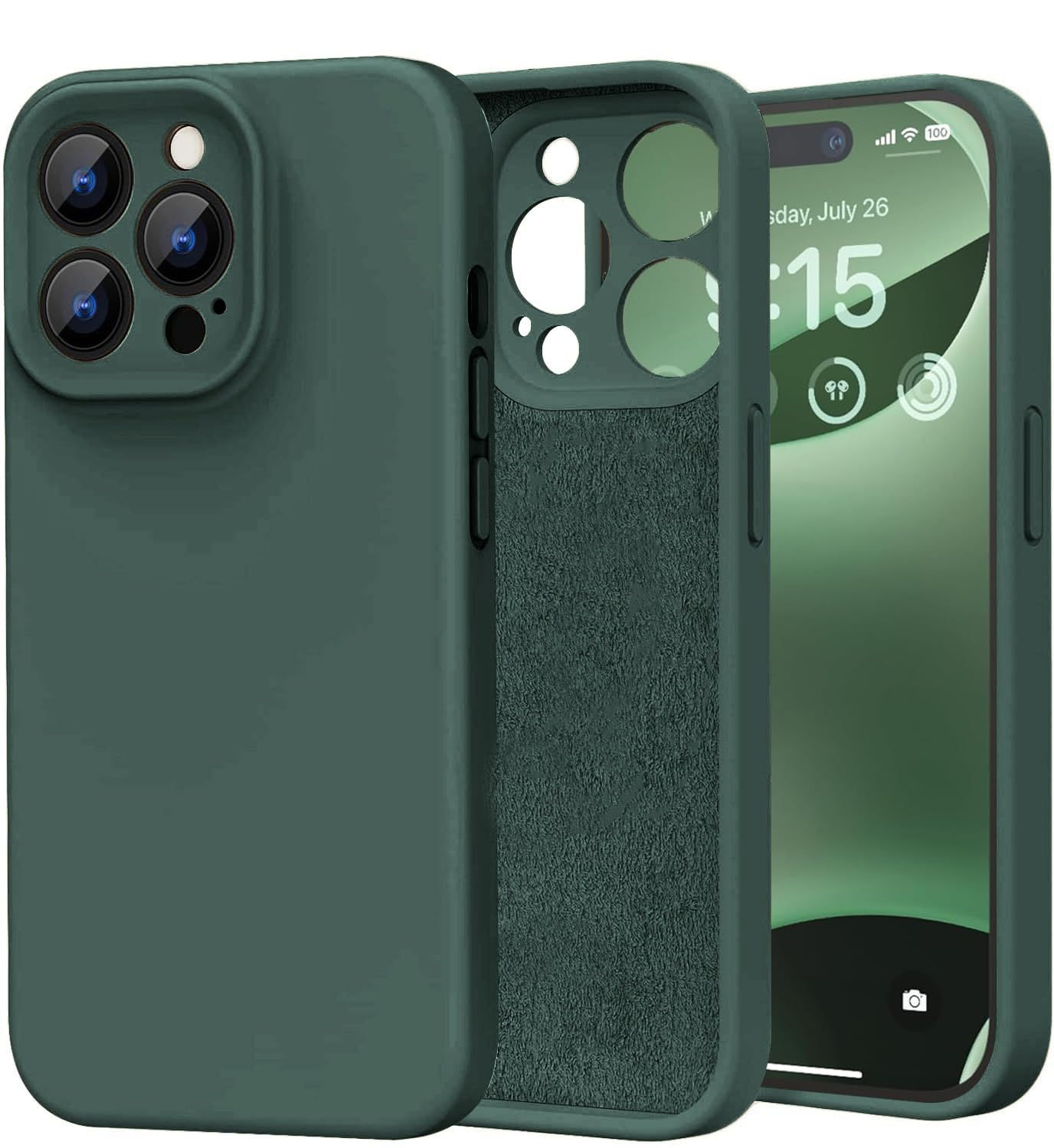 DIZORO Compatible with iPhone 15 PRO MAX Camera Protection Case 6.7, Slim Liquid Silicone 3 Layers Full Covered Soft Gel Rubber Phone Case Protective Cover 6.7 Inch - Forest Green