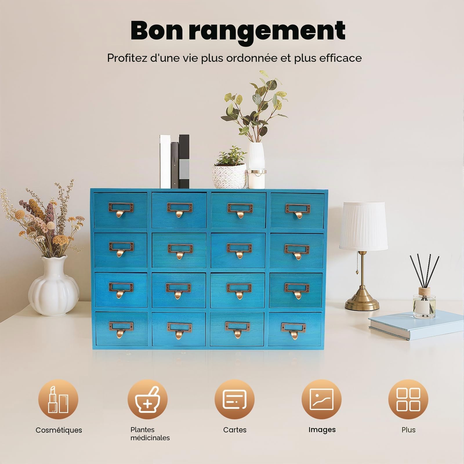Armoire d'apothicaire à 16 tiroirs - Commode en tissu - Commode de chambre à coucher - Tiroir en bois - Boîte de rangement - Pour la maison, le bureau, l'organisation et le rangement