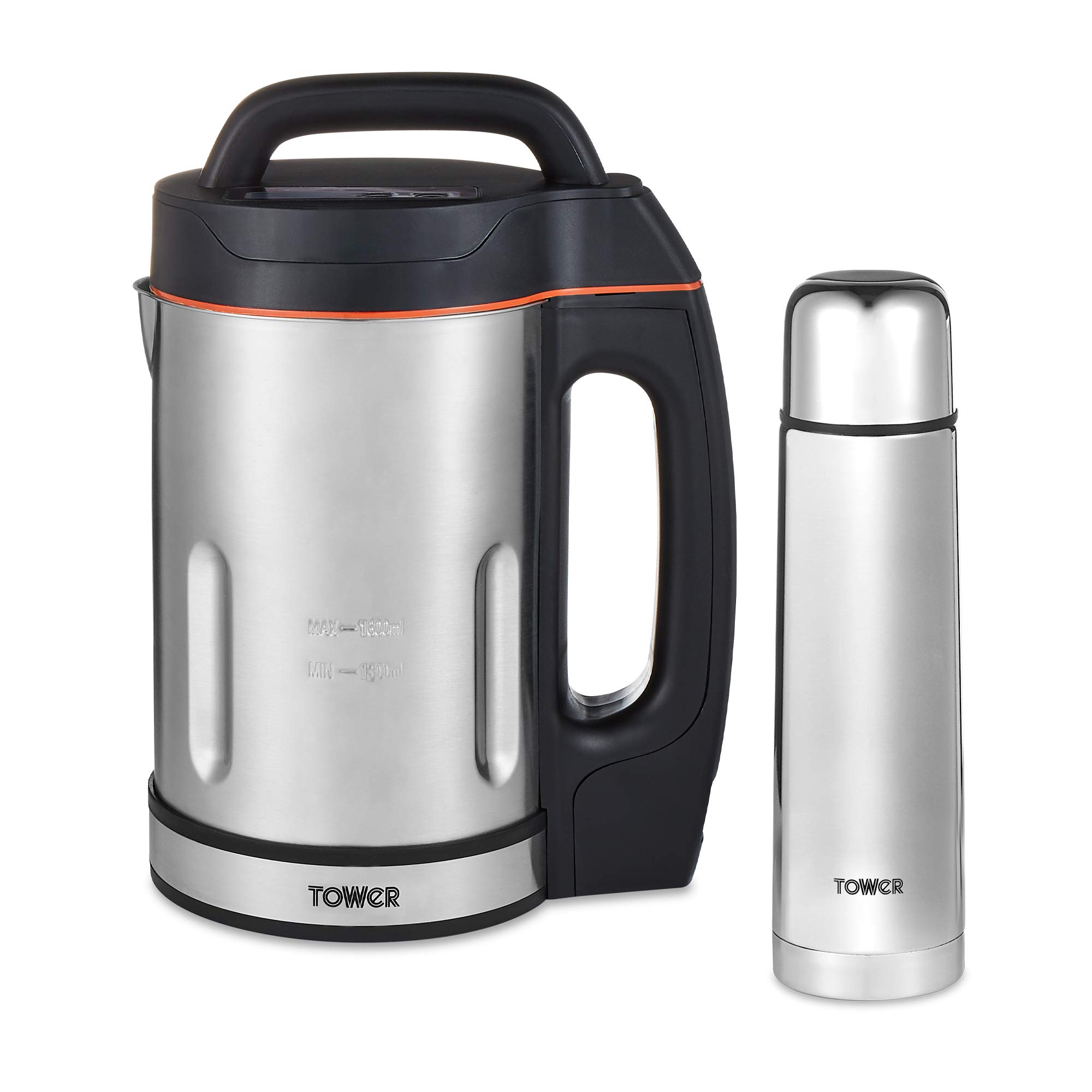 Tower T12055 Soup & Smoothie Maker with Intelligent Control System and Stainless Steel Jug and Blade, Includes 500ml Flask, 1000W, 1.6 Litre, Stainless Steel