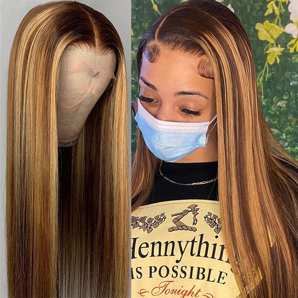 4/27 Ombre Blonde Brown Highlight Lace Front Wig Peruvian Virgin Human Hair Wigs With Baby Hair 150% Density Highlight Wig Human Hair Lace Front 26 Inch Highlight Colored 13x4 Straight Hd Transparent
