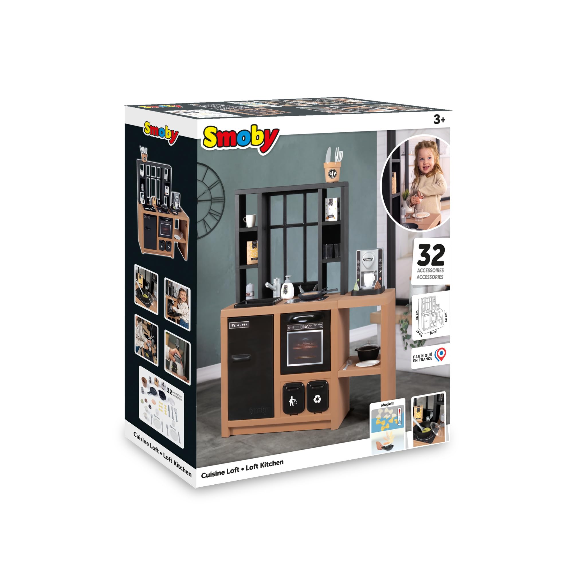 Smoby Cucina Loft 7600312600, +3 Anni, Stile Industriale, Altezza Piano 50 cm, 32 Accessori, Raccolta Differenziata, Made in France