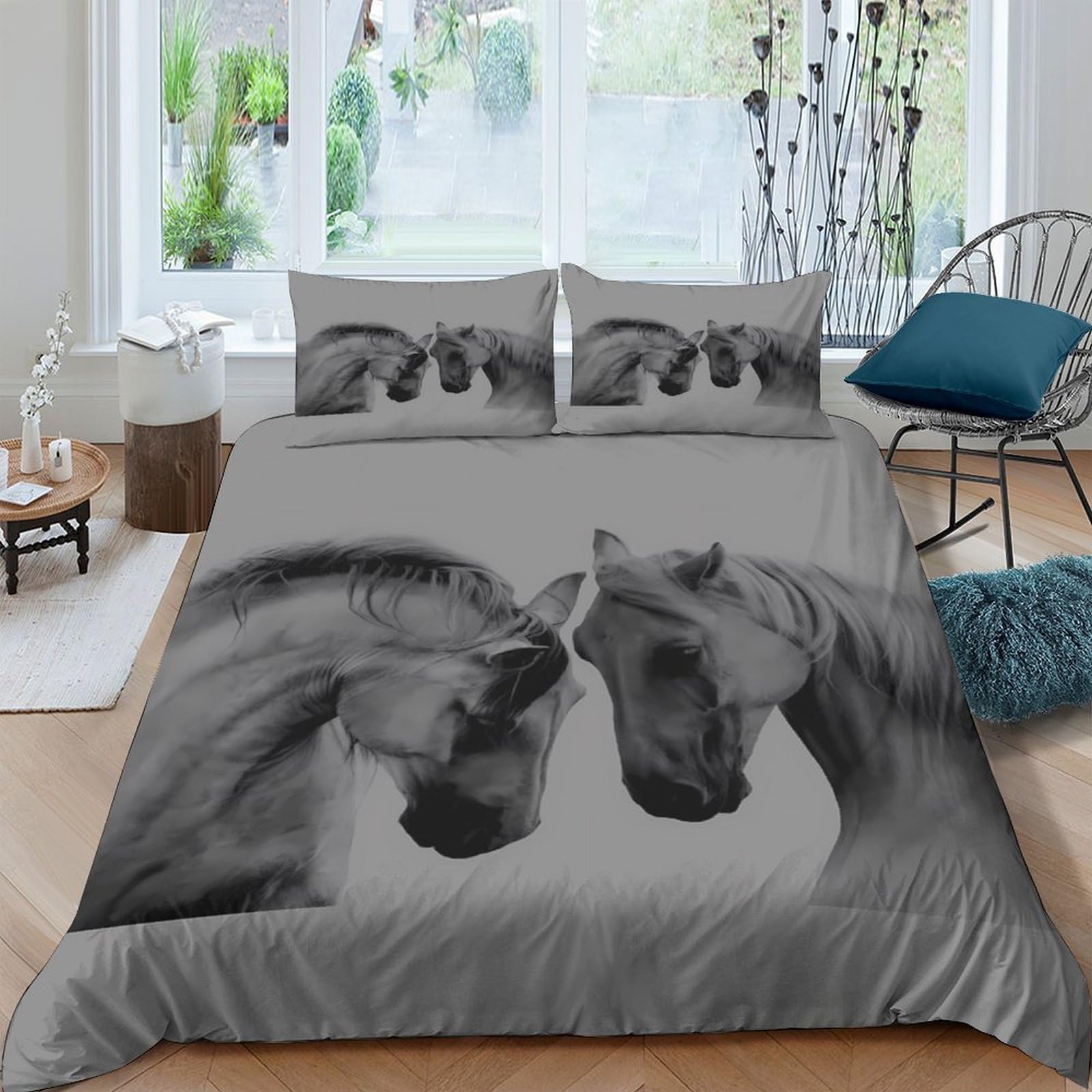 Ctjqhvkz Style-8 3D Printed Horse Art Fitted Sheet Microfiber Grey Animal Bed Cover Anti-Slip Machine Washable For Bedroom Guest Decor Single（135X200cm）